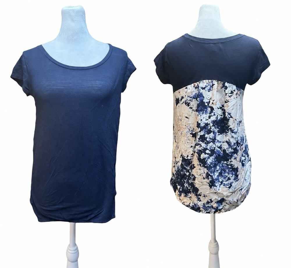 Deletta Womens Navy Blue Mixed Media Casual Top Boho Floral Artsy Watercolor XS